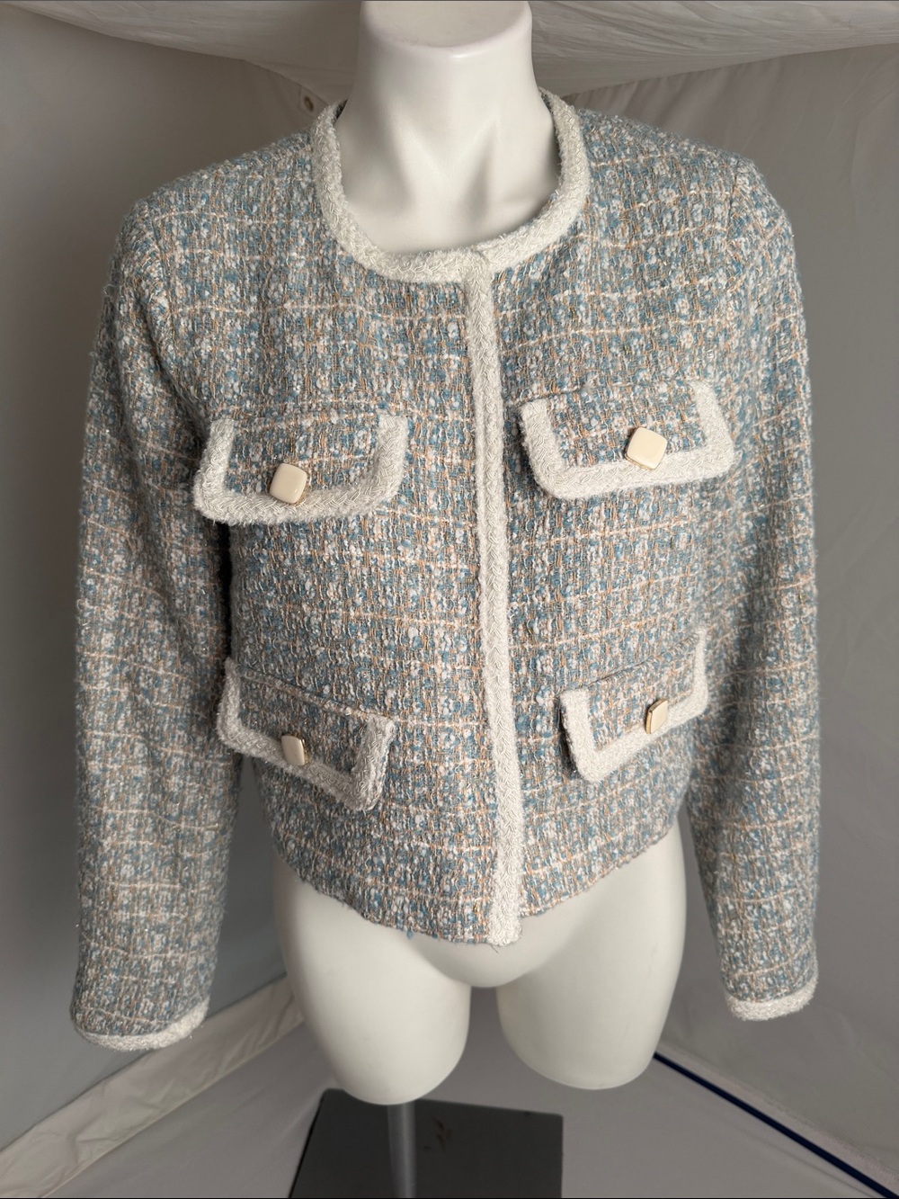 Olivaceous light blue multicolor tweed satin lined boxy blazer